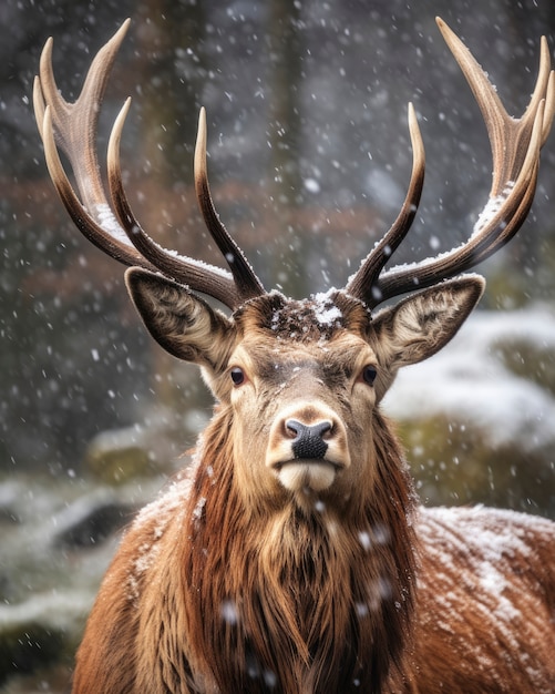 Free photo wild elk with frosty winter nature landscape