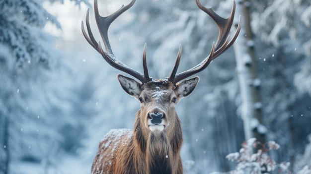 Wild elk with frosty winter nature landscape