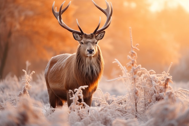 Wild elk with frosty winter nature landscape