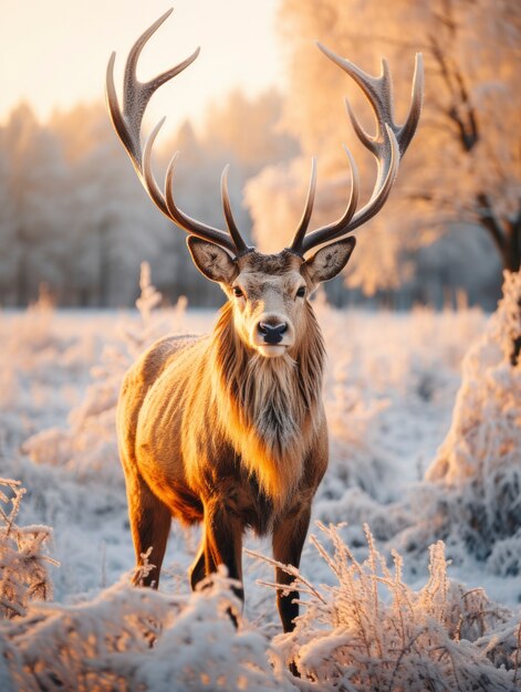 Wild elk with frosty winter nature landscape