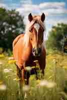 Foto gratuita cavallo selvaggio nel campo fiorito