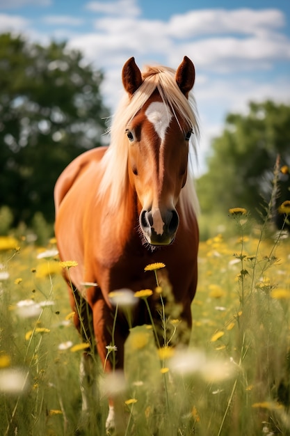Wild horse in flowery field 