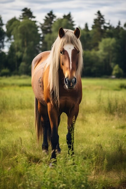 Wild horse in the middle of pasture