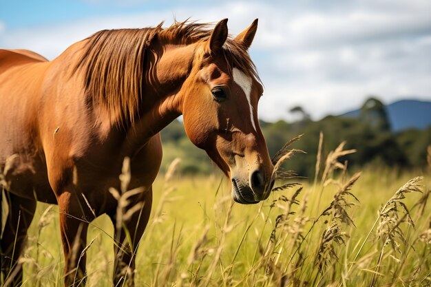 牧草地の野生の馬