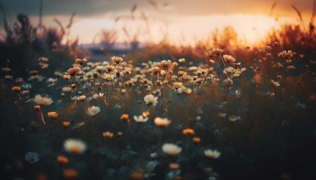 Foto gratuita i fiori selvatici sbocciano nei prati al tramonto generati dall'intelligenza artificiale