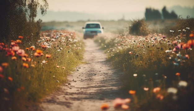 Бесплатное фото Полевые цветы размыты приключениями на проселочной дороге, созданными искусственным интеллектом