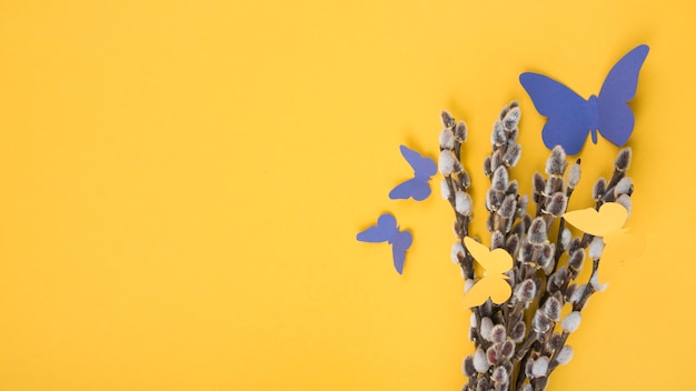 Foto gratuita rami di salice con farfalle di carta sul tavolo giallo