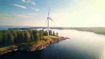 Foto gratuita una turbina eolica sulla riva di un lago