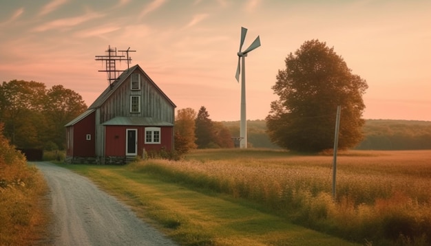 Бесплатное фото Ветровые турбины вырабатывают электроэнергию на сельской ферме, созданной искусственным интеллектом