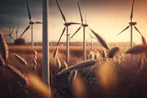 Free photo windmills in a wheat field with evening light ai generative