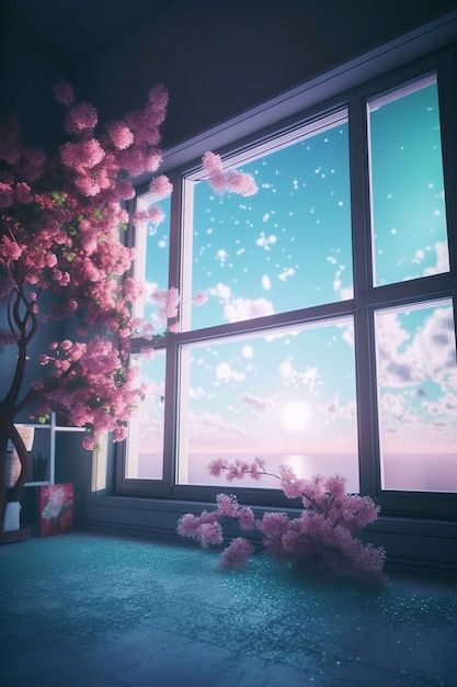 Window in room with surreal and mystical view