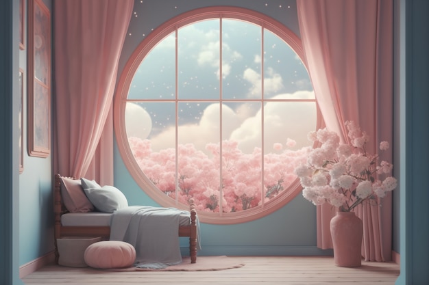 Window in room with surreal and mystical view