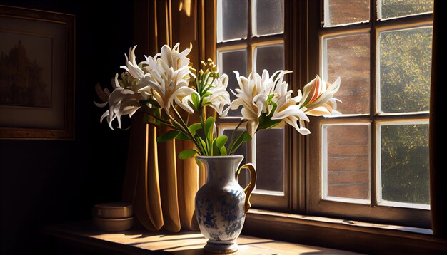 Window vase indoors domestic room flower wood material generative AI