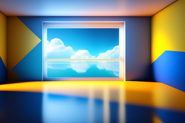 A window with a blue background and a blue sky with clouds in the background.