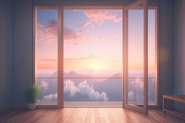 Окно с сюрреалистическим и волшебным видом на пейзаж