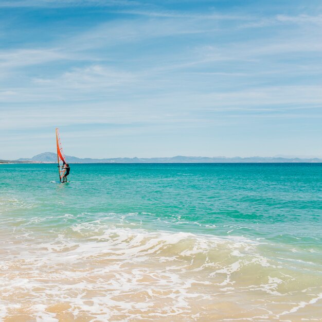 windsurfer panorama silhouette against a sparking blue sea.