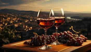 Foto gratuita alcool d'uva da vino con bicchiere da vino da tavola, bevanda, tramonto, vigneto, generato dall'intelligenza artificiale