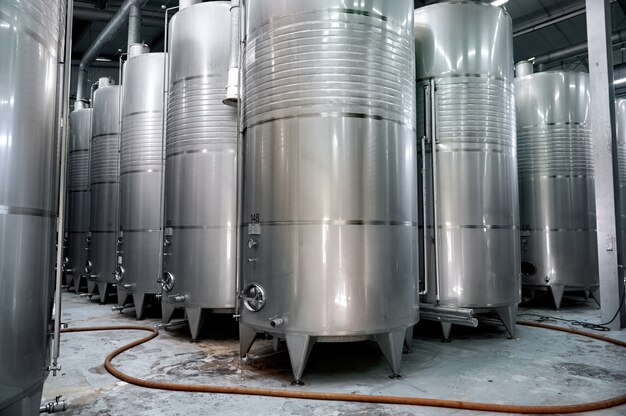 Wine metallic tank barrels in a winery