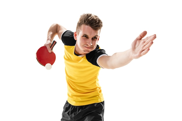 Winner. Funny emotions of professional ping-pong player isolated on white  wall. Excitement in game, human emotions, facial expression and passion with sport concept.