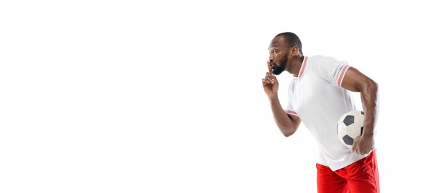 Winner. Funny emotions of professional soccer player isolated on white studio background. Excitement in game, human emotions, facial expression and passion with sport concept.