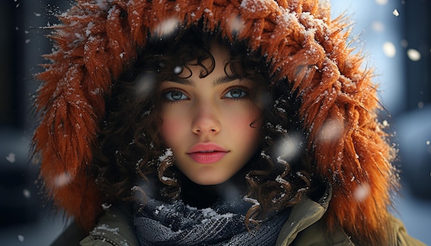 人工知能によって生成されたカメラを見て微笑む冬の美しさの白人女性のファッションモデル