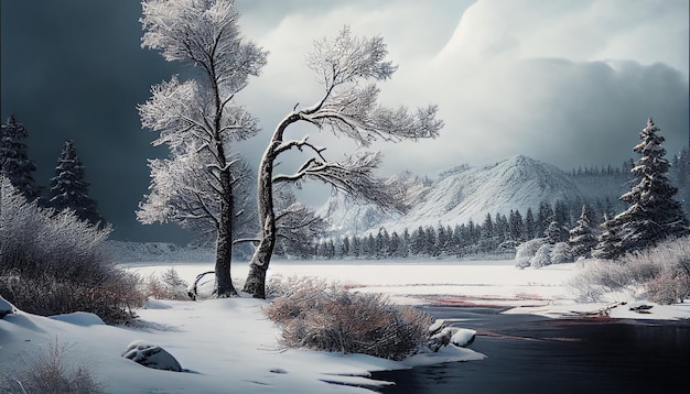 Бесплатное фото Зимняя красота, отраженная в спокойном заснеженном ландшафте, созданном искусственным интеллектом