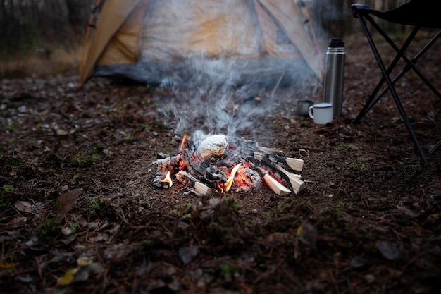 火のある冬のキャンプ