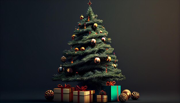 AIによって生成されたギフトで飾られた冬のお祝いのクリスマスツリー