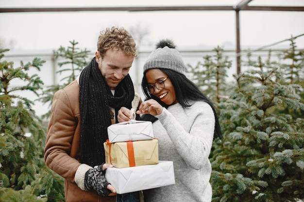 Free photo winter concept. guy in a brown coat. salesman of christmas tree. international couple.