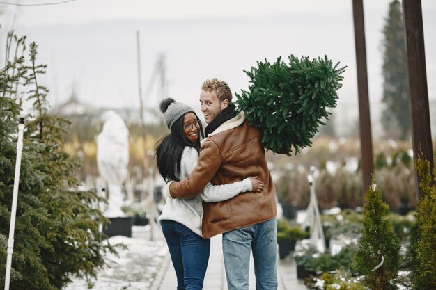 冬のコンセプト。茶色のコートを着た男。クリスマスツリーのセールスマン。国際的なカップル。
