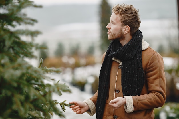 冬のコンセプト。茶色のコートを着た男。クリスマスツリーのセールスマン。