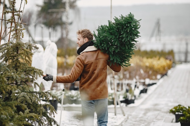 冬のコンセプト。茶色のコートを着た男。クリスマスツリーのセールスマン。