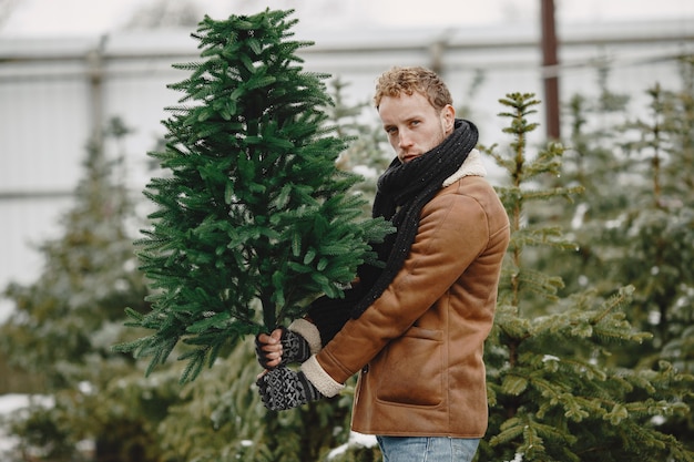 Winter concept. Guy in a brown coat. Salesman of Christmas Tree.