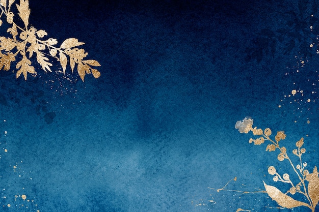 葉の水彩イラストと青の冬の花のボーダーの背景