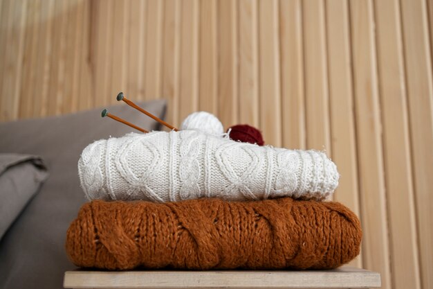 Winter home lifestyle with yarn for knitting