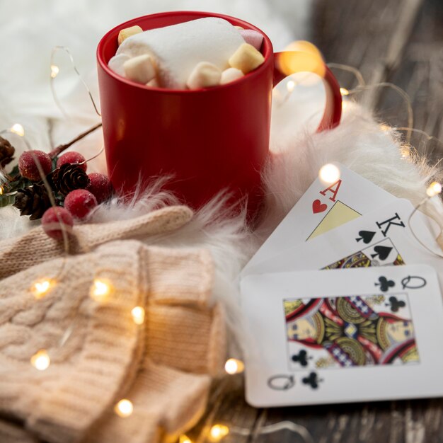 Winter hygge assortment with cup of hot chocolate