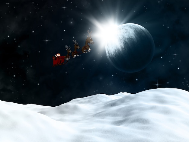 Бесплатное фото 3d визуализации зимнего пейзажа с санта летать, хотя в ночном небе