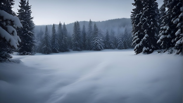 안개 낀 숲 파노라마에 눈 덮인 전나무가 있는 겨울 풍경