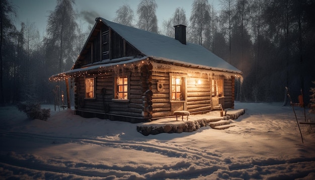 Winter night spooky hut abandoned in snow generated by AI