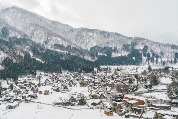 Бесплатное фото Зимой shirakawago со снегом падения, япония