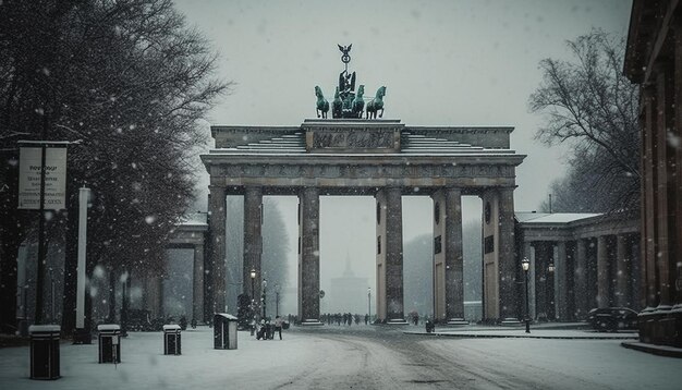冬の雪に覆われた有名なモニュメント AI によって生成された雄大な馬の像