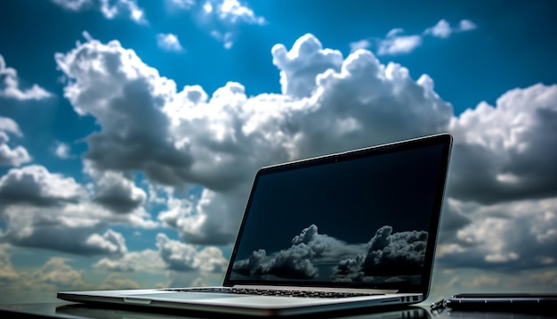 Wireless laptop connects to cloud in sky generated by AI