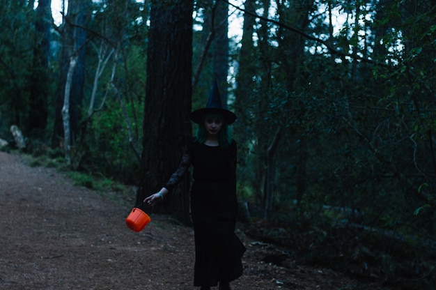 Foto gratuita strega con cesto che cammina attraverso la foresta