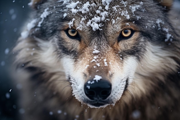 A wolf close up snowing on his face pretty eyes focus
