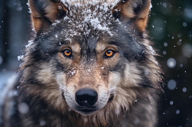Un lupo da vicino che nevica sul suo viso, occhi carini.
