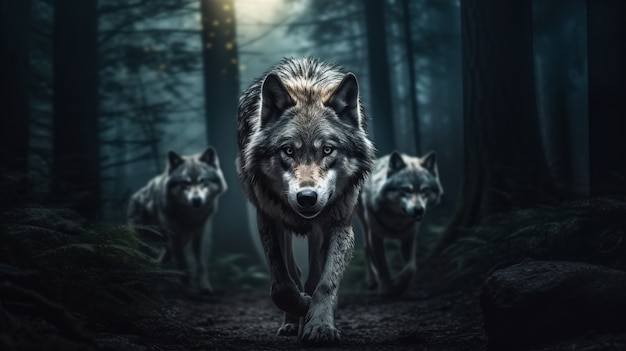 자연 환경의 늑대 팩
