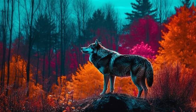 Free photo a wolf standing in a forest with a colorful background.