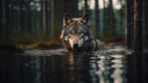 Free photo a wolf swimming in the water