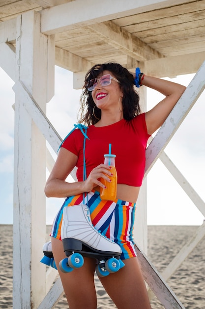 Free photo woman in 80s aesthetic summer clothing