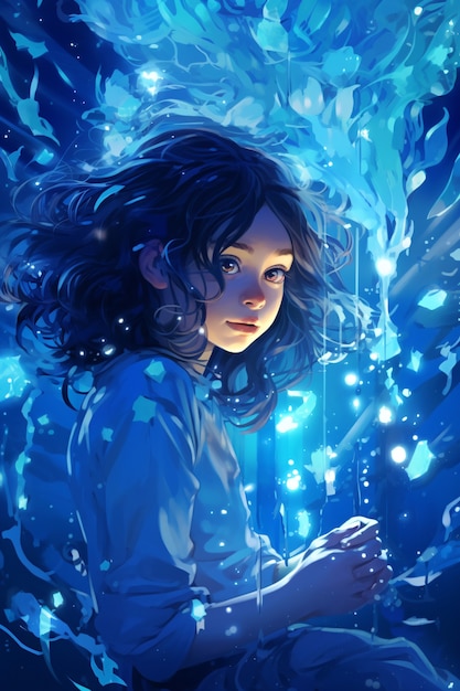 Woman anime character underwater